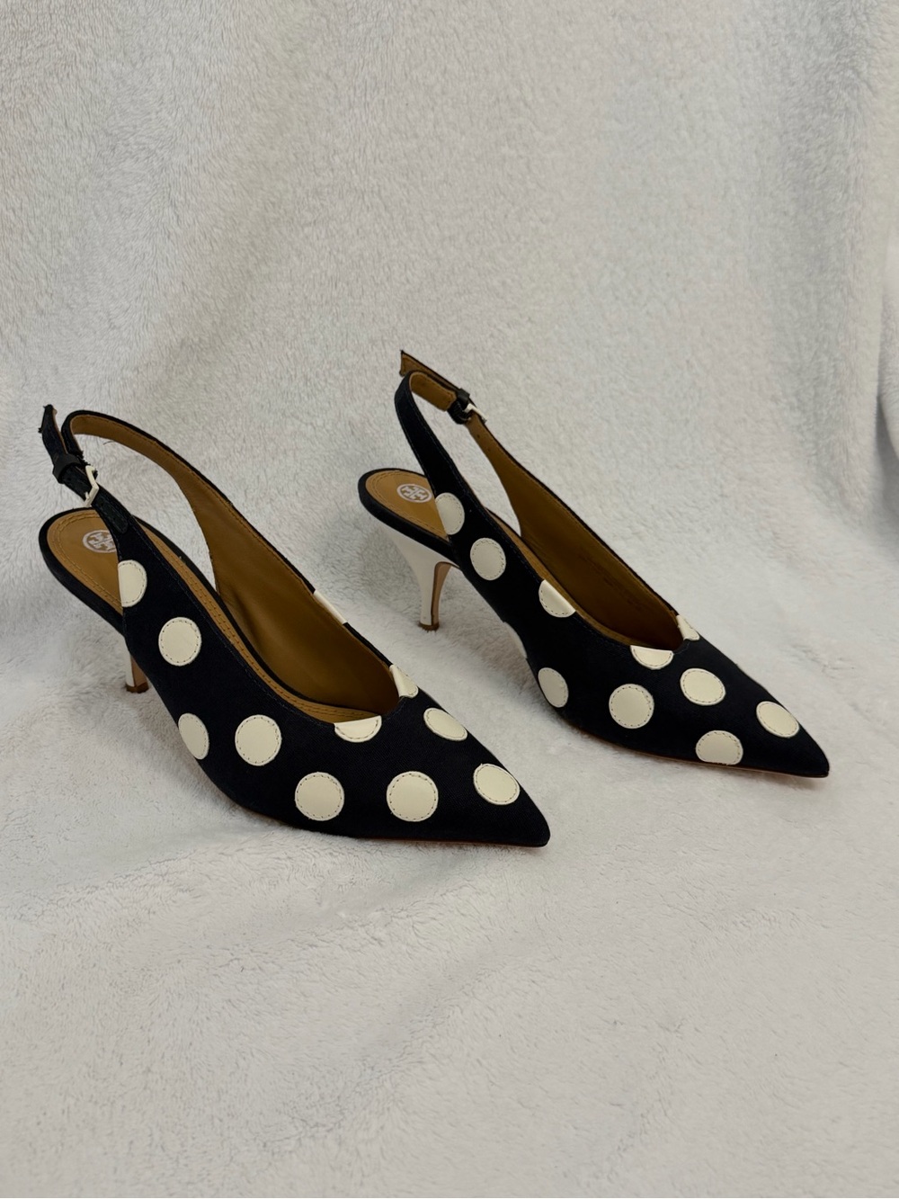 Tory Burch Polka Dot Slingback Heels Size 6M Navy White Pointed Toe Kitten Heel - Picture 6 of 16